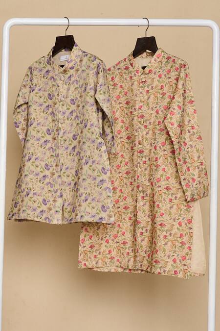 Buy_All Boy Couture_Coral Chanderi, Cotton Embroidery Botanical Print Kurta Set_Online_at_Aza_Fashions