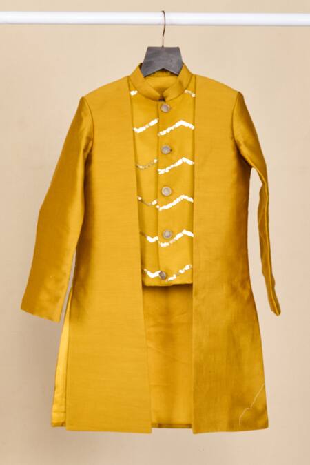 All Boy Couture_Yellow Silk, Cotton Metallic Thread Sequin Embroidered High-low Achkan Set _Online_at_Aza_Fashions