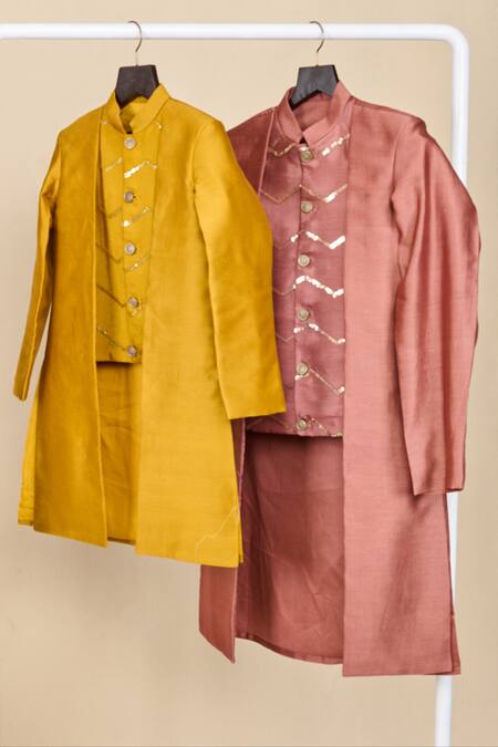Buy_All Boy Couture_Yellow Silk, Cotton Metallic Thread Sequin Embroidered High-low Achkan Set _Online_at_Aza_Fashions