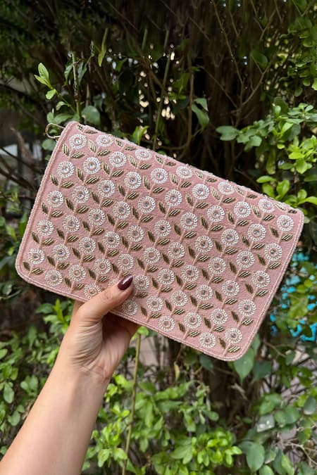 Stitched Soles Pink Sequins, Stones Rectangular Shaped Embellished Clutch