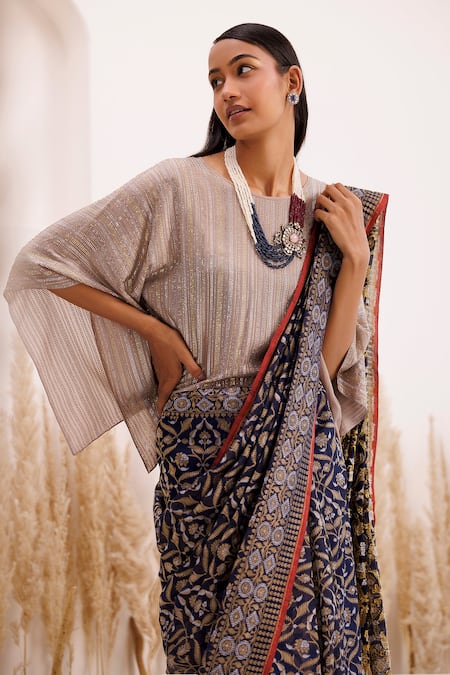 Buy Chhaya Mehrotra Blue Cotton, Crepe Rhinestones Boat Neck Woven Saree And Kaftan Blouse Online at Aza Fashions Buy_Chhaya Mehrotra_Blue Cotton, Crepe Rhinestones Boat Neck Woven Saree And Kaftan Blouse _Online_at_Aza_Fashions