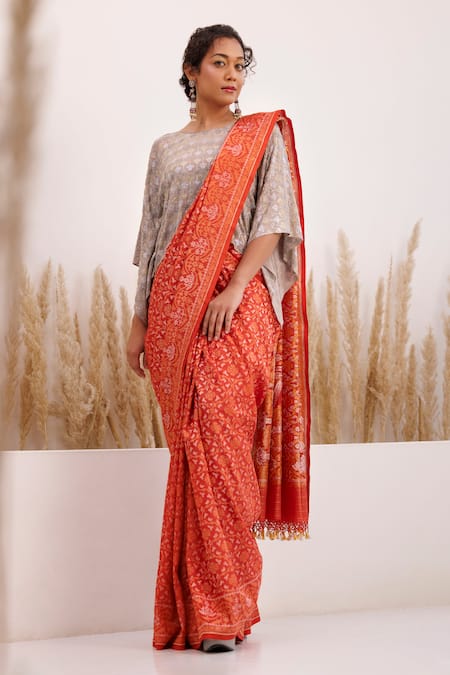 Chhaya Mehrotra_Red Cotton, Crepe Rhinestones Boat Aarohi Handwoven Saree With Kaftan Blouse _Online_at_Aza_Fashions
