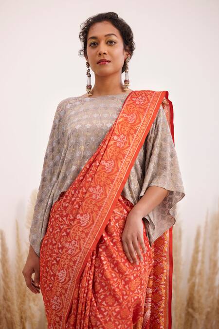 Buy_Chhaya Mehrotra_Red Cotton, Crepe Rhinestones Boat Aarohi Handwoven Saree With Kaftan Blouse _Online_at_Aza_Fashions