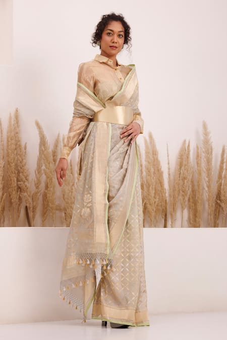 Chhaya Mehrotra_Grey Chanderi, Silk Satin, Tissue Chandra Kadala Jamdani Saree With Shirt Blouse _Online_at_Aza_Fashions