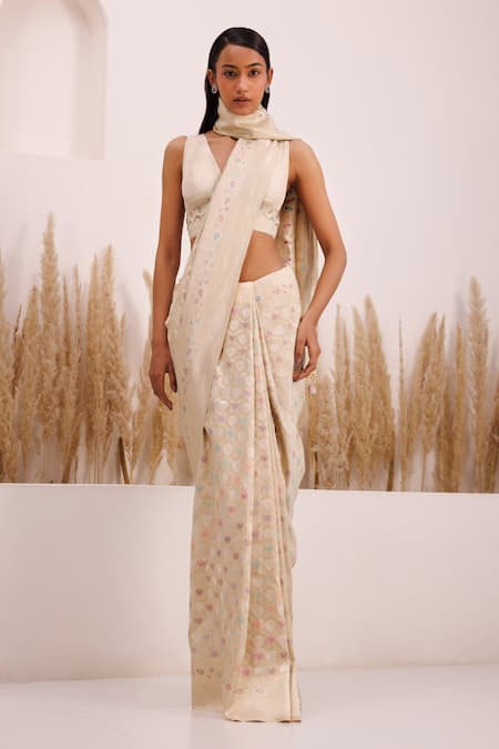Chhaya Mehrotra Ivory Crepe Embroidery V-neck Falguni Handwoven Meena Saree With Blouse Online at Aza Fashions Chhaya Mehrotra_Ivory Crepe Embroidery V-neck Falguni Handwoven Meena Saree With Blouse _Online_at_Aza_Fashions