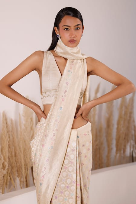 Buy Chhaya Mehrotra Ivory Crepe Embroidery V-neck Falguni Handwoven Meena Saree With Blouse Online at Aza Fashions Buy_Chhaya Mehrotra_Ivory Crepe Embroidery V-neck Falguni Handwoven Meena Saree With Blouse _Online_at_Aza_Fashions