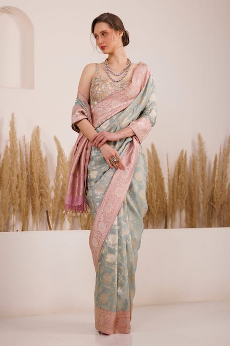 Chhaya Mehrotra_Pink Crepe Embroidery Sweetheart Neck Falak Saree With Brocade Applique Blouse _Online_at_Aza_Fashions