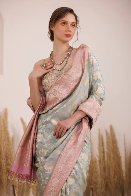 Buy_Chhaya Mehrotra_Pink Crepe Embroidery Sweetheart Neck Falak Saree With Brocade Applique Blouse _Online_at_Aza_Fashions