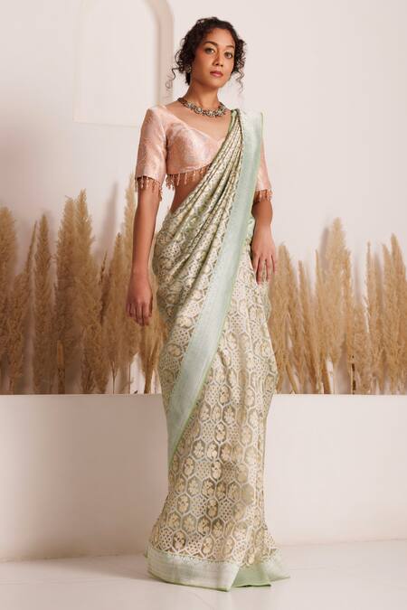 Chhaya Mehrotra_Green Tissue, Brocade Crystals V-neck Floral Geometric Net Saree Set _Online_at_Aza_Fashions