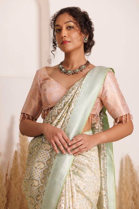 Buy_Chhaya Mehrotra_Green Tissue, Brocade Crystals V-neck Floral Geometric Net Saree Set _Online_at_Aza_Fashions