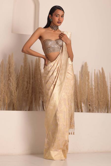 Chhaya Mehrotra_Gold Jacquard, Silk Satin Rhinestones Taara Jangla Tissue Saree With Blouse _Online_at_Aza_Fashions