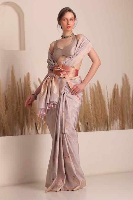 Chhaya Mehrotra_Grey Brocade Tassels, Rhinestones Mudra Buta Banarasi Saree With Blouse _Online_at_Aza_Fashions