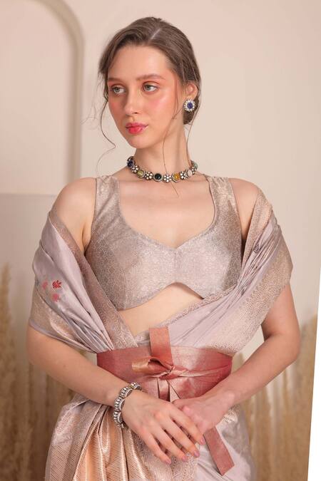 Buy_Chhaya Mehrotra_Grey Brocade Tassels, Rhinestones Mudra Buta Banarasi Saree With Blouse _Online_at_Aza_Fashions