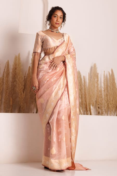 Chhaya Mehrotra_Peach Brocade, Kota Doria Tassels Asymmetric Aagam Handwoven Saree With Blouse _Online_at_Aza_Fashions