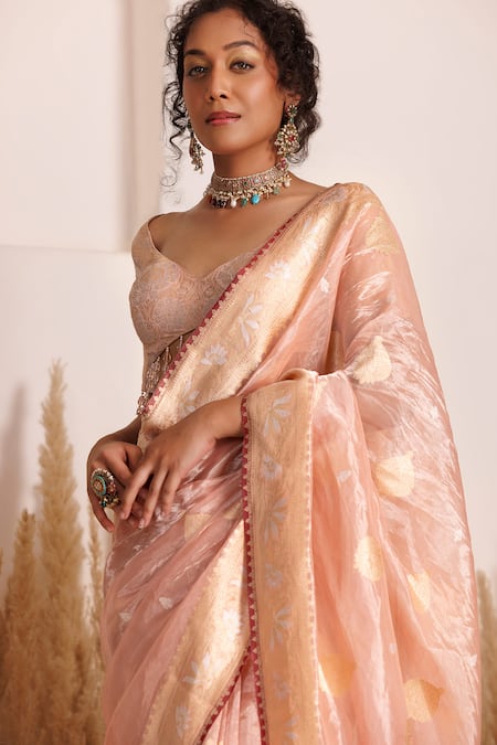 Buy_Chhaya Mehrotra_Peach Brocade, Kota Doria Tassels Asymmetric Aagam Handwoven Saree With Blouse _Online_at_Aza_Fashions