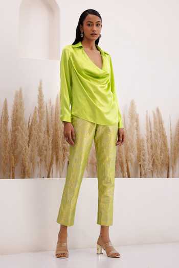 Chhaya Mehrotra_Green Silk Satin, Brocade Cowl Neck Rania Top And Pant Set _Online_at_Aza_Fashions