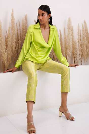Buy_Chhaya Mehrotra_Green Silk Satin, Brocade Cowl Neck Rania Top And Pant Set _Online_at_Aza_Fashions