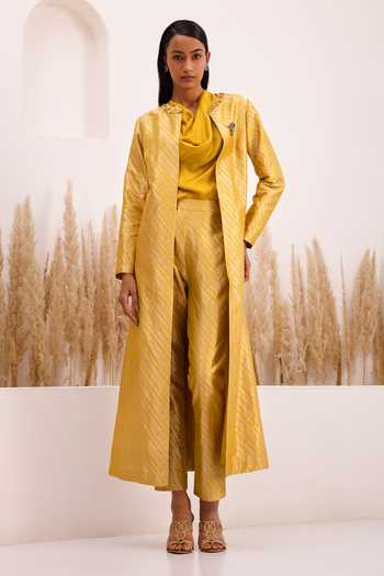 Chhaya Mehrotra_Yellow Brocade, Silk Satin Embroidery Cowl Neck Jenith Jacket Pant Set _Online_at_Aza_Fashions