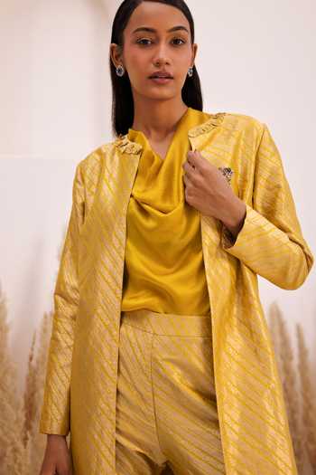 Buy_Chhaya Mehrotra_Yellow Brocade, Silk Satin Embroidery Cowl Neck Jenith Jacket Pant Set _Online_at_Aza_Fashions