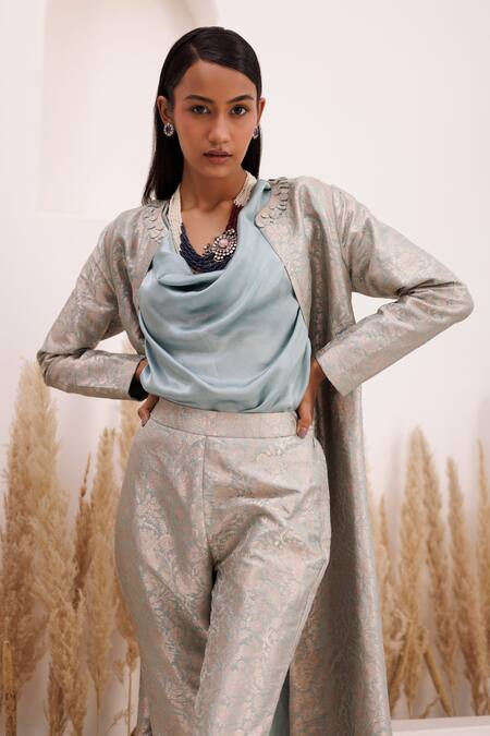 Buy Blue Denim Embroidered Pearl Open Work Bomber Jacket And Pant Set For  Women by House of Dreams Online at Aza Fashions.