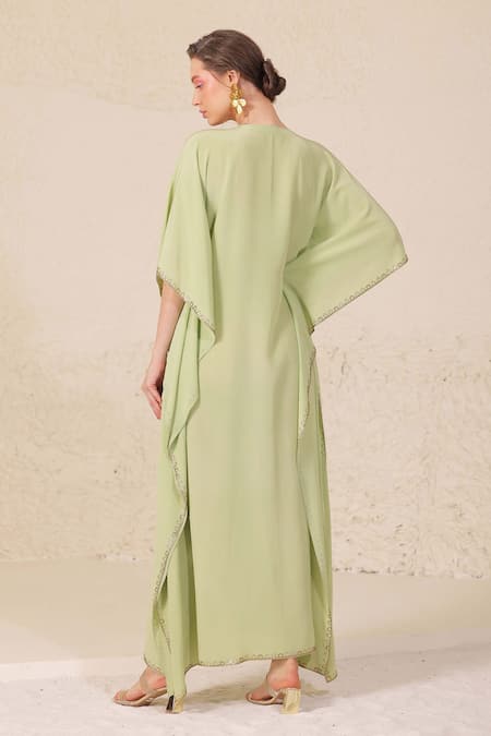 Shop_Chhaya Mehrotra_Green Crepe Embroidery Round Neck Helen Brocade Yoke Kaftan _at_Aza_Fashions