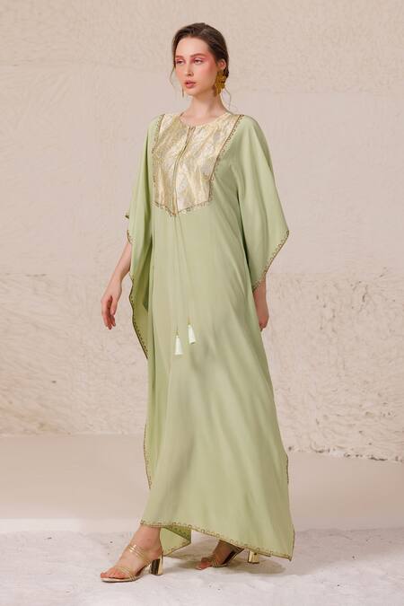 Chhaya Mehrotra_Green Crepe Embroidery Round Neck Helen Brocade Yoke Kaftan _Online_at_Aza_Fashions