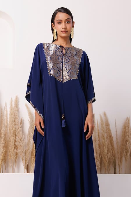 Chhaya Mehrotra_Blue Crepe Embroidery Round Neck Julia Brocade Yoke Kaftan _Online_at_Aza_Fashions