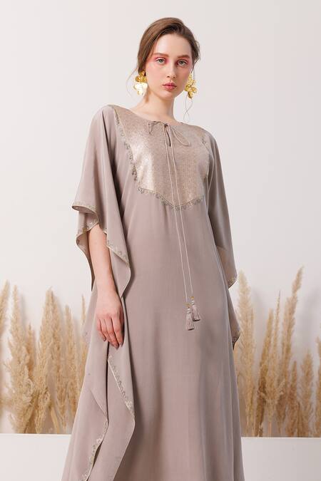 Chhaya Mehrotra_Silver Crepe Embroidery Round Neck Cheron Yoke Embellished Kaftan _Online_at_Aza_Fashions