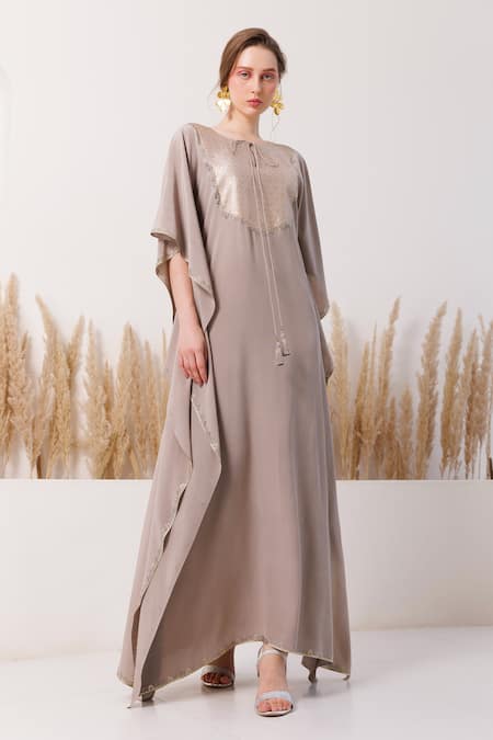 Buy_Chhaya Mehrotra_Silver Crepe Embroidery Round Neck Cheron Yoke Embellished Kaftan _Online_at_Aza_Fashions