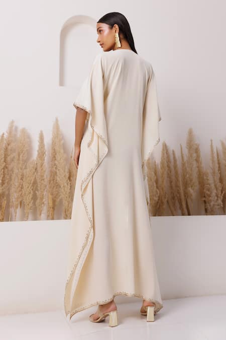 Shop_Chhaya Mehrotra_Ivory Crepe Embroidery Round Neck Frida Embellished Kaftan _at_Aza_Fashions