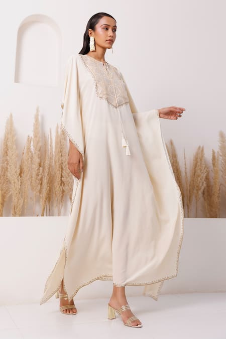 Chhaya Mehrotra_Ivory Crepe Embroidery Round Neck Frida Embellished Kaftan _Online_at_Aza_Fashions