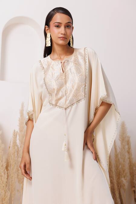 Buy_Chhaya Mehrotra_Ivory Crepe Embroidery Round Neck Frida Embellished Kaftan _Online_at_Aza_Fashions