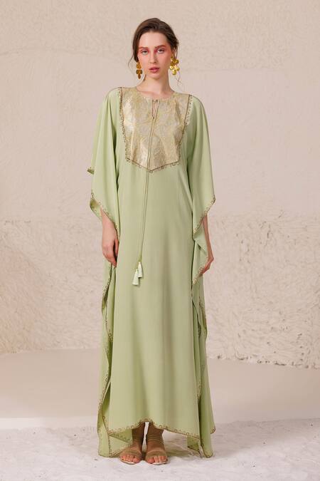 Buy_Chhaya Mehrotra_Green Crepe Embroidery Round Neck Helen Brocade Yoke Kaftan _Online_at_Aza_Fashions