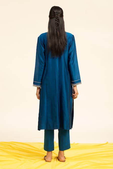 Shop Shetab Kazmi Blue Chanderi, Linen, Cotton, Viscose Gota Patti And Zardosi Kurta Pant Set at Aza Fashions Shop_Shetab Kazmi_Blue Chanderi, Linen, Cotton, Viscose Gota Patti And Zardosi Kurta Pant Set _at_Aza_Fashions