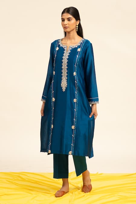 Buy Shetab Kazmi Blue Chanderi, Linen, Cotton, Viscose Gota Patti And Zardosi Kurta Pant Set Online at Aza Fashions Buy_Shetab Kazmi_Blue Chanderi, Linen, Cotton, Viscose Gota Patti And Zardosi Kurta Pant Set _Online_at_Aza_Fashions