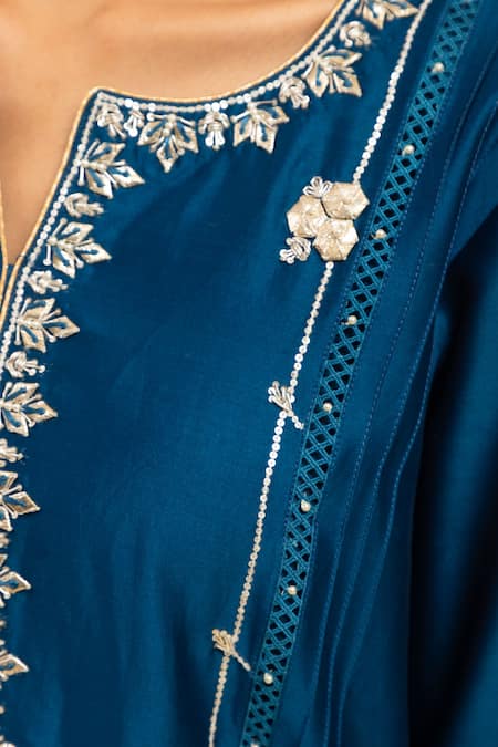 Shetab Kazmi Blue Chanderi, Linen, Cotton, Viscose Gota Patti And Zardosi Kurta Pant Set at Aza Fashions Shetab Kazmi_Blue Chanderi, Linen, Cotton, Viscose Gota Patti And Zardosi Kurta Pant Set _at_Aza_Fashions