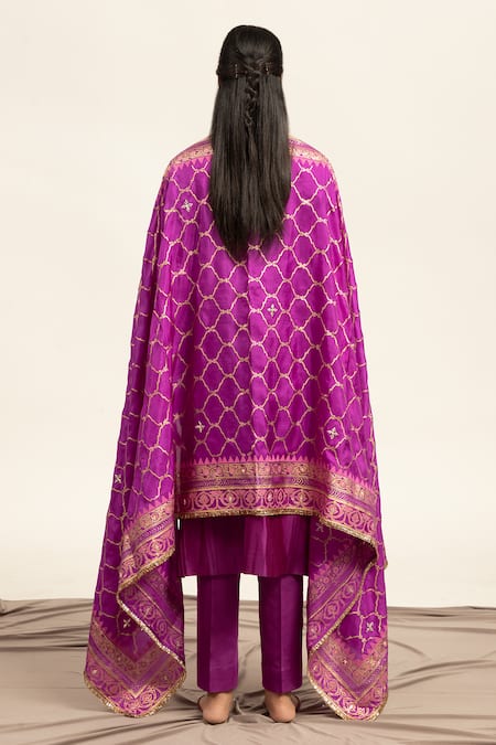 Shop Shetab Kazmi Purple Chanderi, Cotton, Viscose Gota Patti, Zari, Pure Kurta Pant Set at Aza Fashions Shop_Shetab Kazmi_Purple Chanderi, Cotton, Viscose Gota Patti, Zari, Pure Kurta Pant Set _at_Aza_Fashions