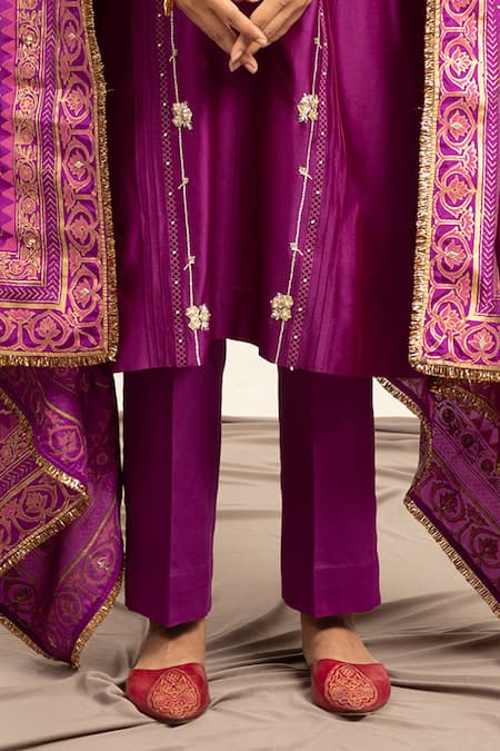 Shop Shetab Kazmi Purple Chanderi, Cotton, Viscose Gota Patti, Zari, Pure Kurta Pant Set Online at Aza Fashions Shop_Shetab Kazmi_Purple Chanderi, Cotton, Viscose Gota Patti, Zari, Pure Kurta Pant Set _Online_at_Aza_Fashions