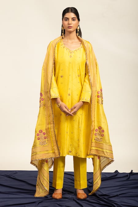 Shetab Kazmi Yellow Pure Chanderi Embroidered Gota Leaf Double Kali Kurta Pant Set