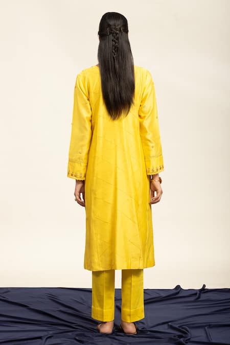 Shop Shetab Kazmi Yellow Chanderi, Linen, Cotton, Viscose Double Kali Embroidered Kurta Pant Set at Aza Fashions Shop_Shetab Kazmi_Yellow Chanderi, Linen, Cotton, Viscose Double Kali Embroidered Kurta Pant Set _at_Aza_Fashions
