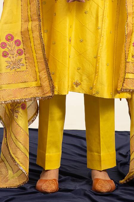 Shop Shetab Kazmi Yellow Chanderi, Linen, Cotton, Viscose Double Kali Embroidered Kurta Pant Set Online at Aza Fashions Shop_Shetab Kazmi_Yellow Chanderi, Linen, Cotton, Viscose Double Kali Embroidered Kurta Pant Set _Online_at_Aza_Fashions