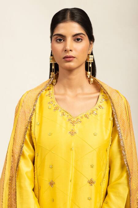 Shetab Kazmi Yellow Chanderi, Linen, Cotton, Viscose Double Kali Embroidered Kurta Pant Set at Aza Fashions Shetab Kazmi_Yellow Chanderi, Linen, Cotton, Viscose Double Kali Embroidered Kurta Pant Set _at_Aza_Fashions