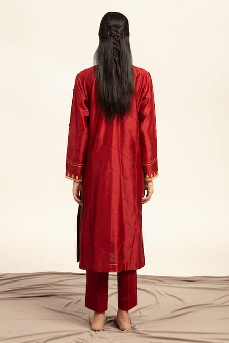 Shop Shetab Kazmi Red Chanderi, Cotton Gota Patti, Zari, Double Kali Embroidered Kurta Pant Set at Aza Fashions Shop_Shetab Kazmi_Red Chanderi, Cotton Gota Patti, Zari, Double Kali Embroidered Kurta Pant Set _at_Aza_Fashions