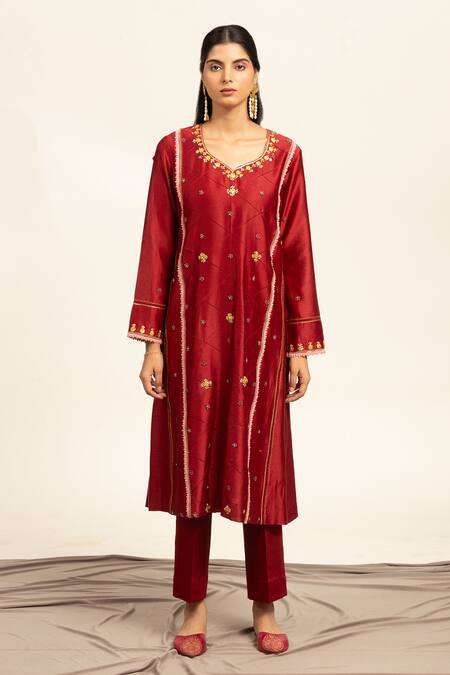 Shetab Kazmi Red Chanderi, Cotton Gota Patti, Zari, Double Kali Embroidered Kurta Pant Set Online at Aza Fashions Shetab Kazmi_Red Chanderi, Cotton Gota Patti, Zari, Double Kali Embroidered Kurta Pant Set _Online_at_Aza_Fashions
