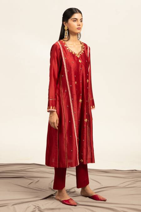 Buy Shetab Kazmi Red Chanderi, Cotton Gota Patti, Zari, Double Kali Embroidered Kurta Pant Set Online at Aza Fashions Buy_Shetab Kazmi_Red Chanderi, Cotton Gota Patti, Zari, Double Kali Embroidered Kurta Pant Set _Online_at_Aza_Fashions