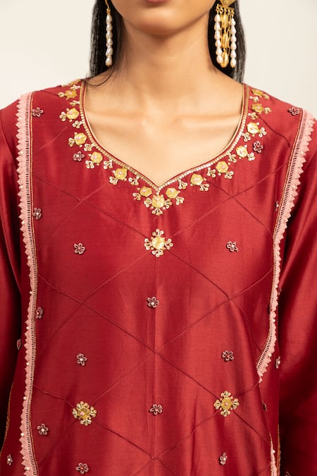 Shop Shetab Kazmi Red Chanderi, Cotton Gota Patti, Zari, Double Kali Embroidered Kurta Pant Set Online at Aza Fashions Shop_Shetab Kazmi_Red Chanderi, Cotton Gota Patti, Zari, Double Kali Embroidered Kurta Pant Set _Online_at_Aza_Fashions