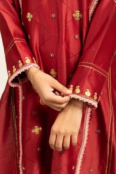 Shetab Kazmi Red Chanderi, Cotton Gota Patti, Zari, Double Kali Embroidered Kurta Pant Set at Aza Fashions Shetab Kazmi_Red Chanderi, Cotton Gota Patti, Zari, Double Kali Embroidered Kurta Pant Set _at_Aza_Fashions