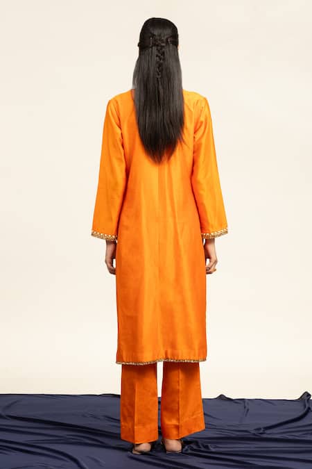 Shop Shetab Kazmi Orange Chanderi, Cotton, Viscose Embroidery Round Neck Aari Kurta Pant Set at Aza Fashions Shop_Shetab Kazmi_Orange Chanderi, Cotton, Viscose Embroidery Round Neck Aari Kurta Pant Set _at_Aza_Fashions