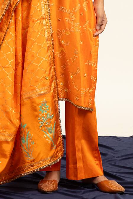 Shetab Kazmi Orange Chanderi, Cotton, Viscose Embroidery Round Neck Aari Kurta Pant Set Online at Aza Fashions Shetab Kazmi_Orange Chanderi, Cotton, Viscose Embroidery Round Neck Aari Kurta Pant Set _Online_at_Aza_Fashions