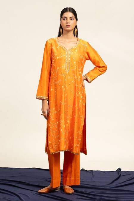 Buy Shetab Kazmi Orange Chanderi, Cotton, Viscose Embroidery Round Neck Aari Kurta Pant Set Online at Aza Fashions Buy_Shetab Kazmi_Orange Chanderi, Cotton, Viscose Embroidery Round Neck Aari Kurta Pant Set _Online_at_Aza_Fashions